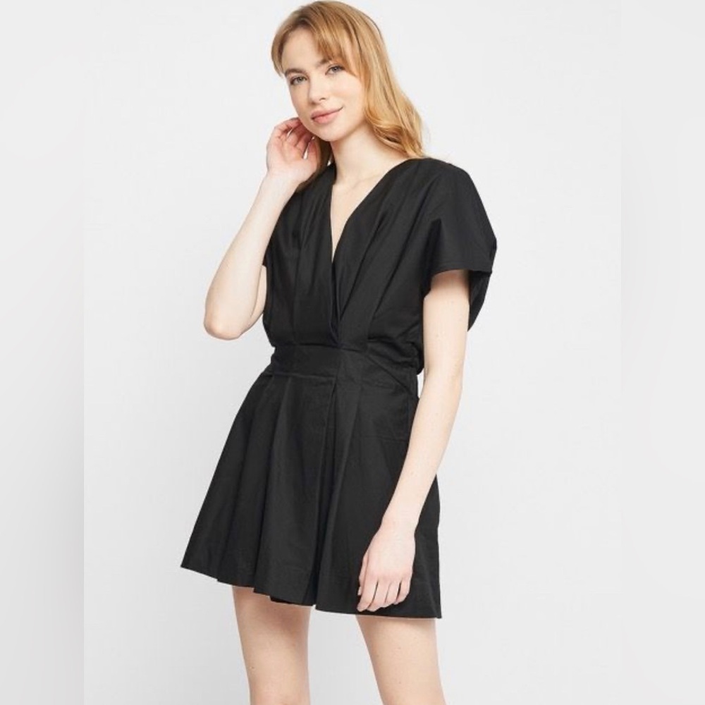 Zara Womens Black Minimalist V-Neck Poplin Sleeves Pleated Dress Size XS
